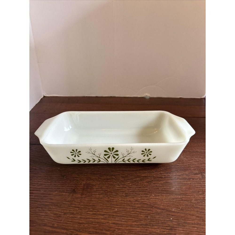 Milk Glass Loaf Casserole Brownie Dish Green Crazy Daisy Design 427 Vintage